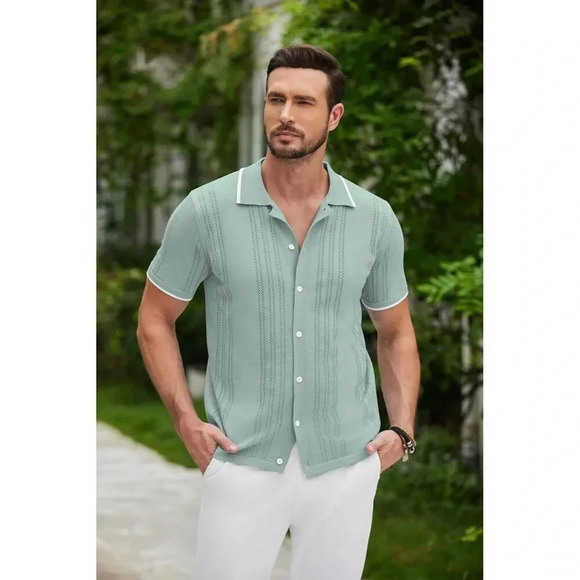 ❤️Men's Green Button Down Shirt  Vintage Short Sleeve Shirts Casual Beach Tops - Picture 2 of 6